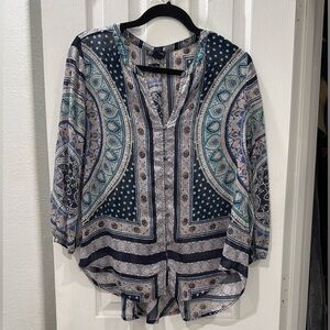 Lucky Brand Navy Teal Paisley Print Blouse